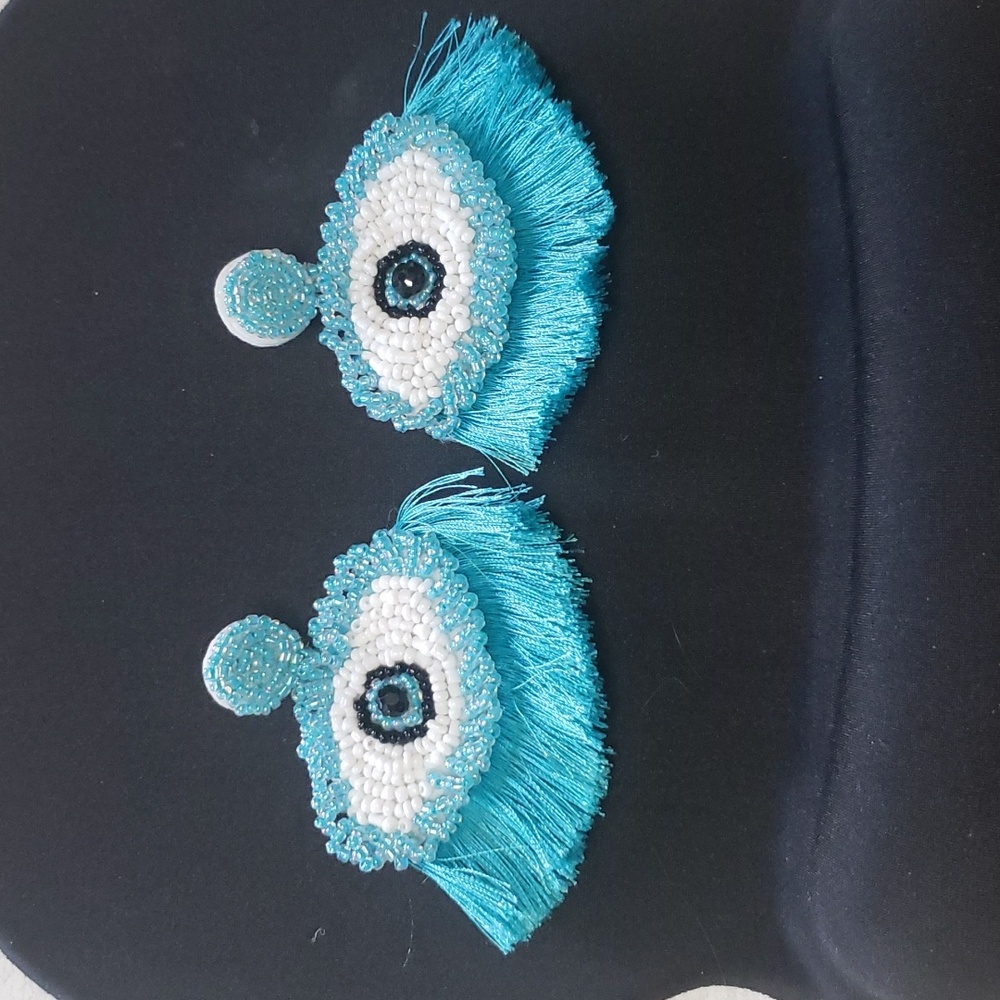 BOHO Evil Eye Tassel Embroidery Beaded Hoop Earrings.